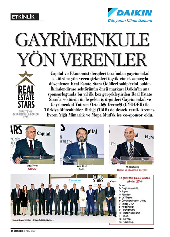 Evren Yiğit | Co-sponsorluğunu üstlendiğimiz Real Estate Stars Türkiye’nin Gayrimenkul Liderleri 2016 ödülleri Ekonomist dergisinin 9-15 Ekim 2016 sayısında yer aldı. | Sıradışı Digital